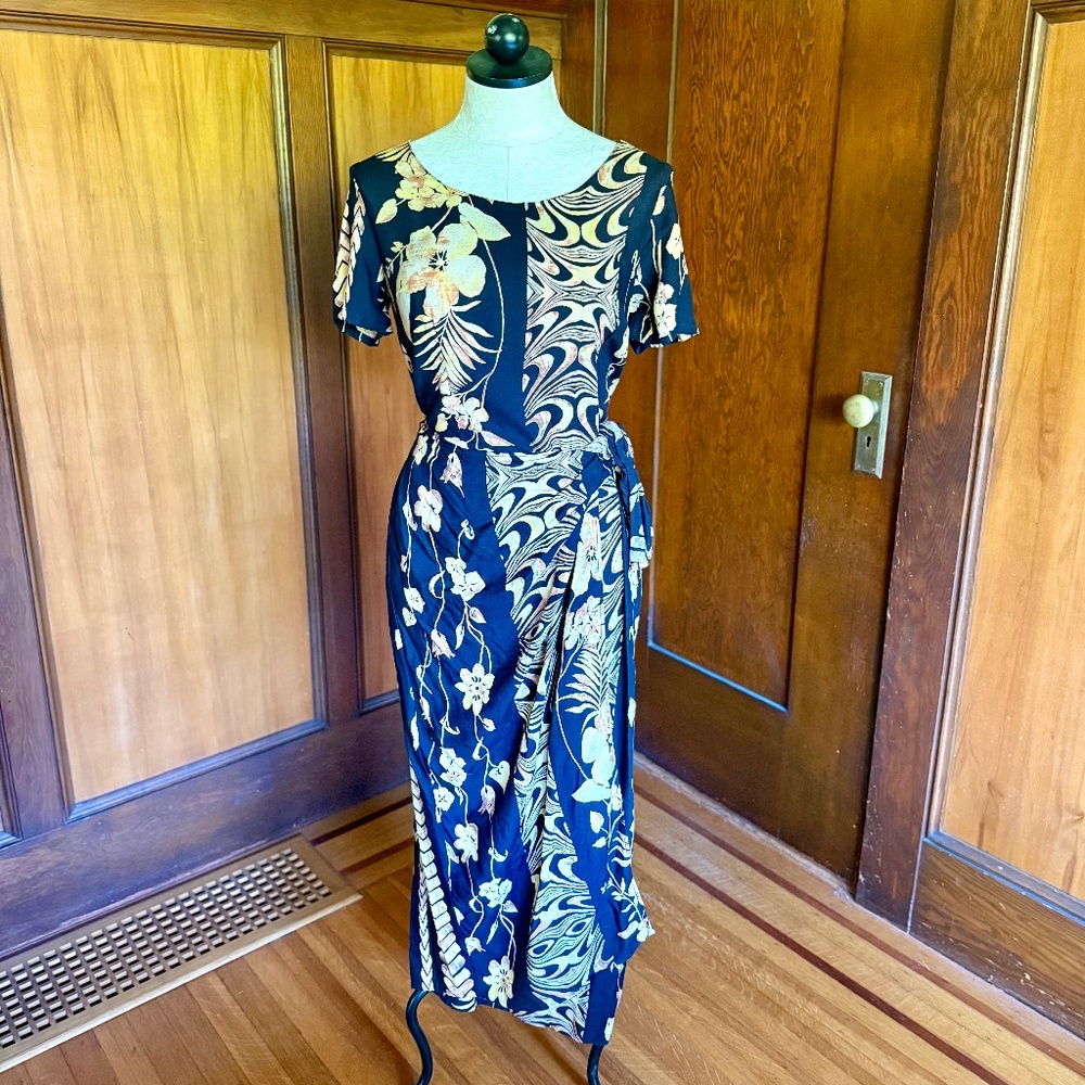 Y2K 90s Hawaiian Tropical Dress, Black Gold Yellow, Wrap Sarong Skirt, Maxi Midi